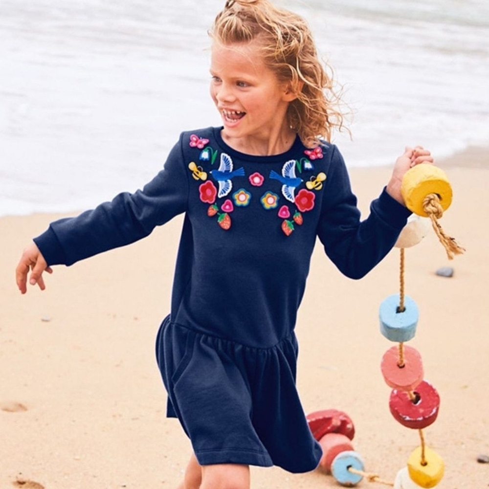 Mini Boden Navy Dress with Floral Embroidery